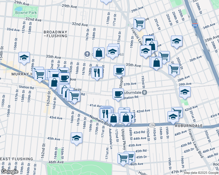 map of restaurants, bars, coffee shops, grocery stores, and more near 36-4 171st Street in Queens