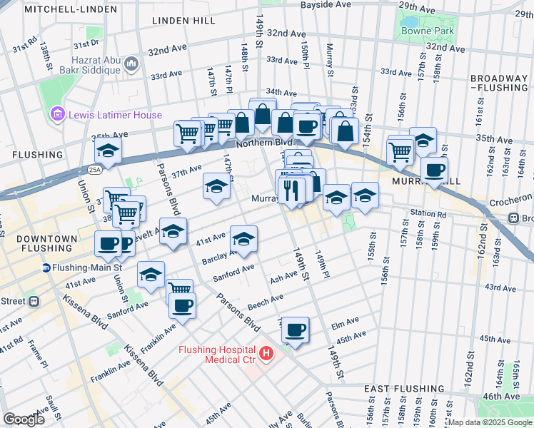 map of restaurants, bars, coffee shops, grocery stores, and more near 4012 149th Street in Queens