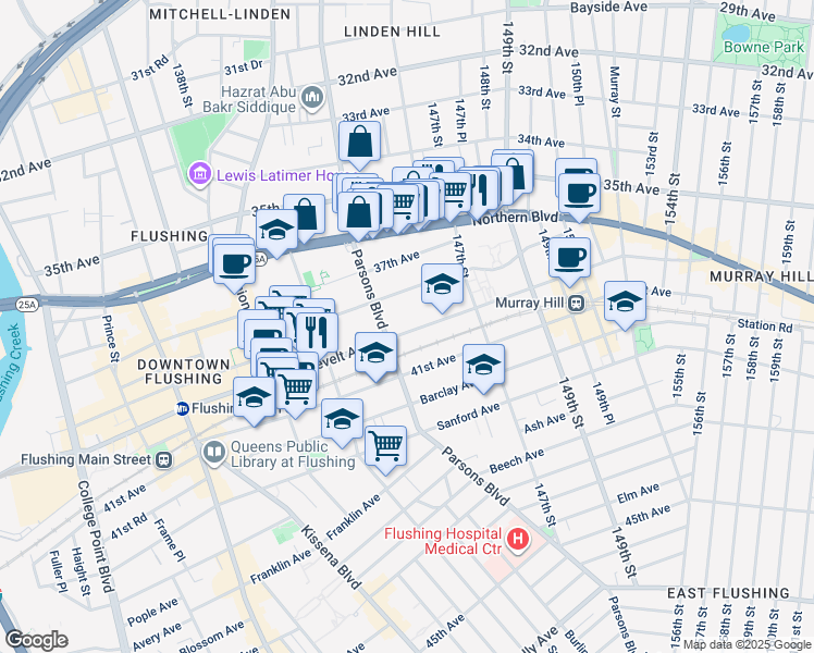 map of restaurants, bars, coffee shops, grocery stores, and more near 144-44 38th Avenue in Queens