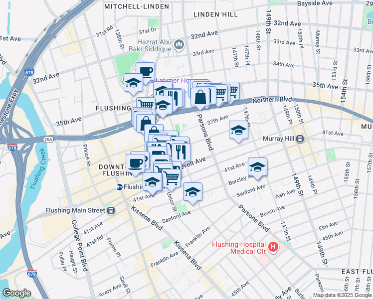 map of restaurants, bars, coffee shops, grocery stores, and more near 143-25 38th Avenue in Queens