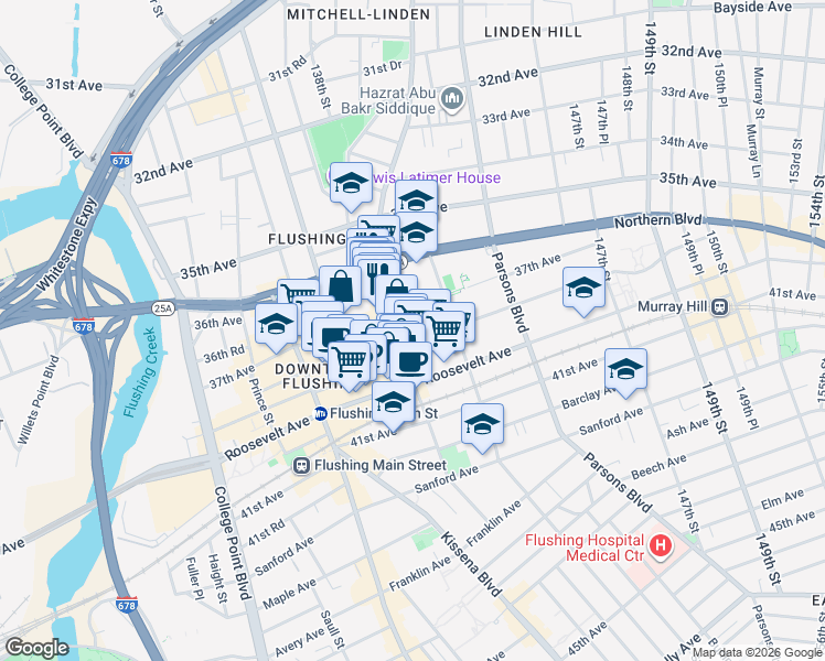 map of restaurants, bars, coffee shops, grocery stores, and more near 37-05 Union Street in Queens