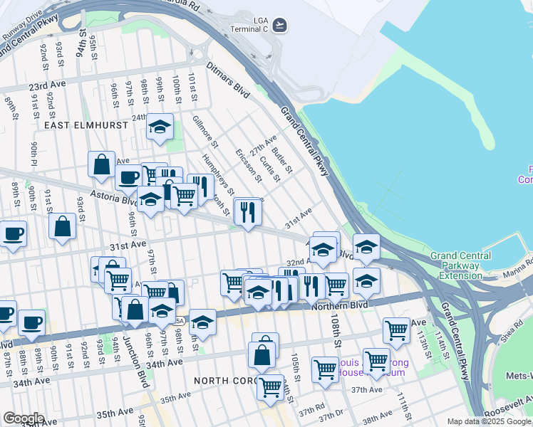 map of restaurants, bars, coffee shops, grocery stores, and more near 29-14 Ericsson Street in Queens