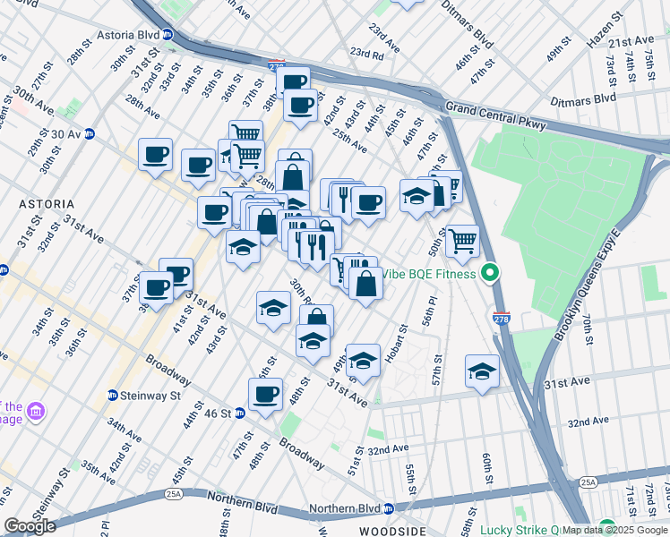 map of restaurants, bars, coffee shops, grocery stores, and more near 28-46 46th Street in Queens