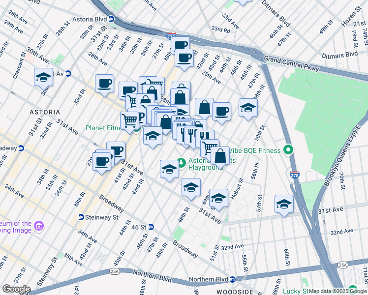 map of restaurants, bars, coffee shops, grocery stores, and more near 28-50 45th Street in Queens