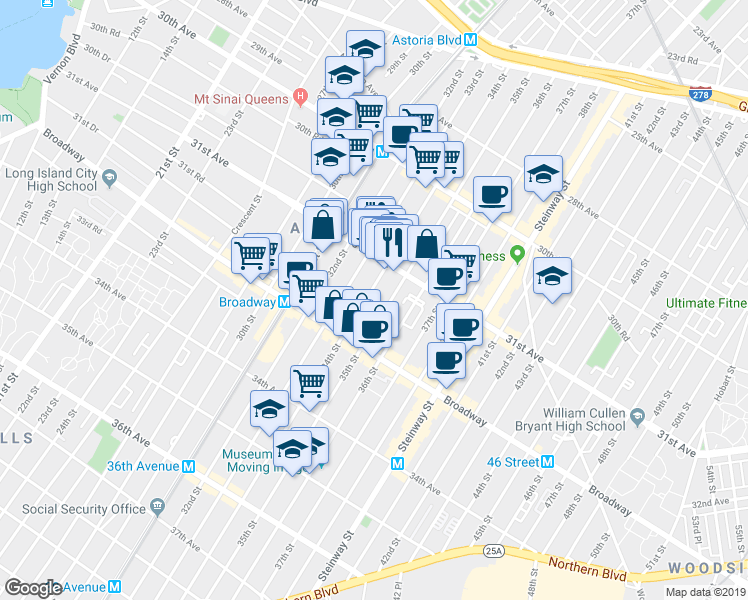 map of restaurants, bars, coffee shops, grocery stores, and more near 31-23 34th Street in Queens
