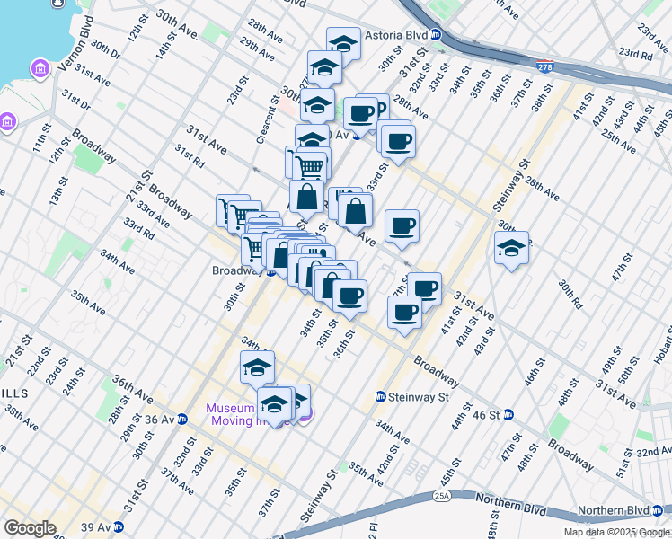 map of restaurants, bars, coffee shops, grocery stores, and more near 31-40 33rd Street in Queens