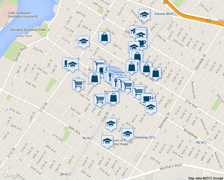 map of restaurants, bars, coffee shops, grocery stores, and more near 29-11 Broadway in Queens