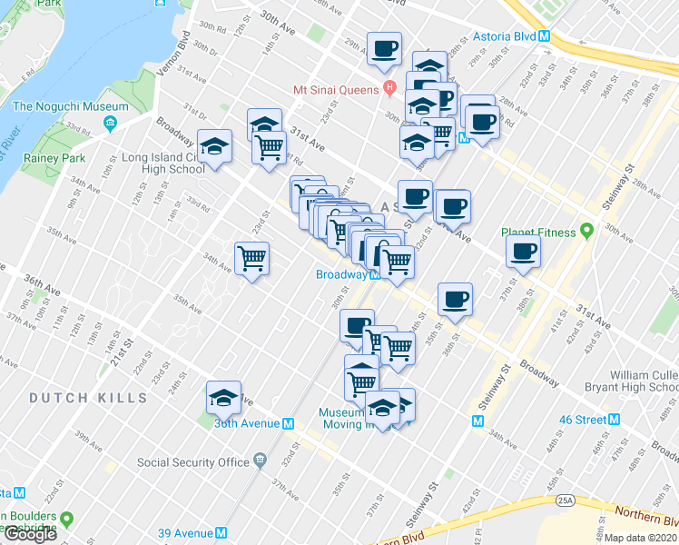 map of restaurants, bars, coffee shops, grocery stores, and more near 32-12 29th Street in Queens