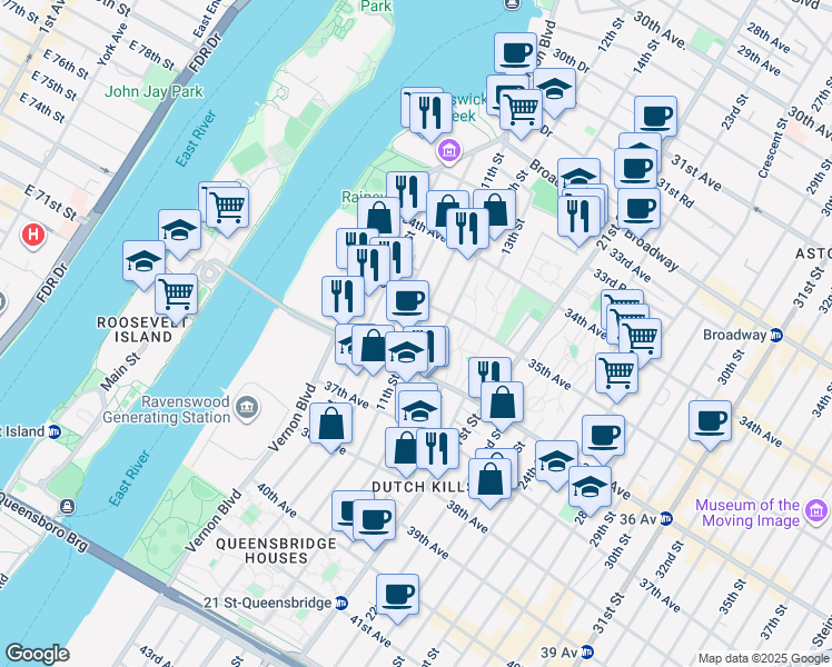 map of restaurants, bars, coffee shops, grocery stores, and more near 10-06 35th Avenue in Queens