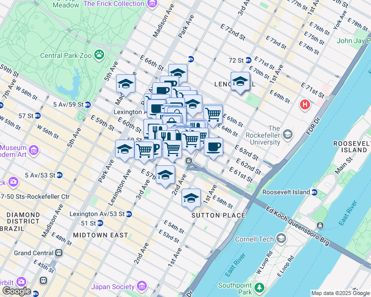 map of restaurants, bars, coffee shops, grocery stores, and more near 210A East 61st Street in New York