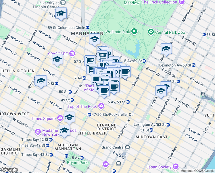 map of restaurants, bars, coffee shops, grocery stores, and more near 1361 6th Avenue in New York