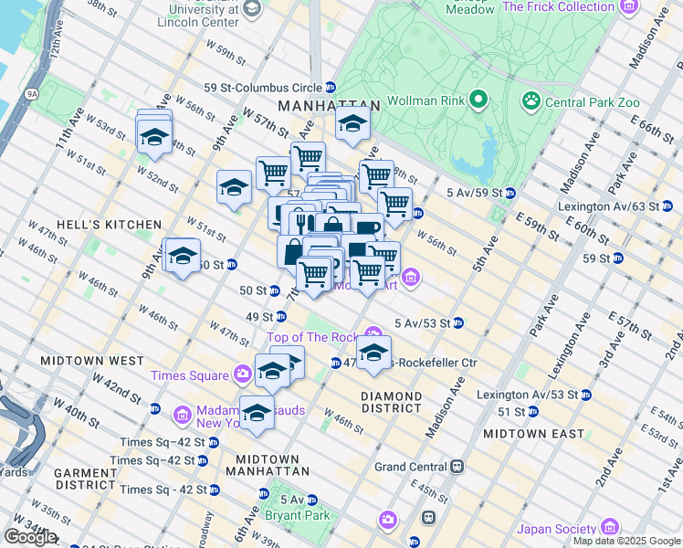 map of restaurants, bars, coffee shops, grocery stores, and more near 152 West 52nd Street in New York