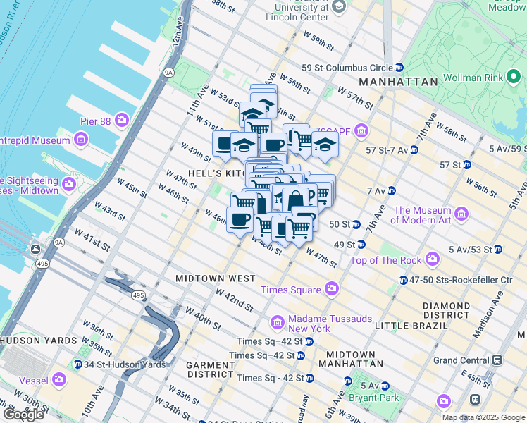 map of restaurants, bars, coffee shops, grocery stores, and more near 355 West 49th Street in New York