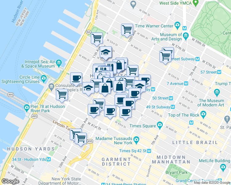 map of restaurants, bars, coffee shops, grocery stores, and more near 447 West 47th Street in New York