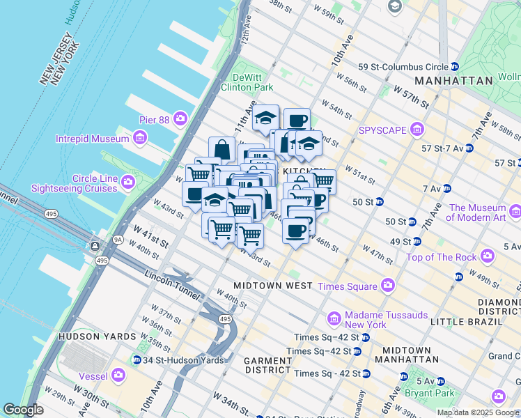 map of restaurants, bars, coffee shops, grocery stores, and more near 456 West 47th Street in New York