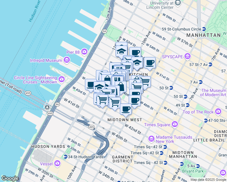 map of restaurants, bars, coffee shops, grocery stores, and more near 456 West 47th Street in New York