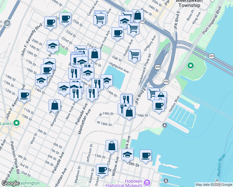 map of restaurants, bars, coffee shops, grocery stores, and more near 135 20th Street in Union City