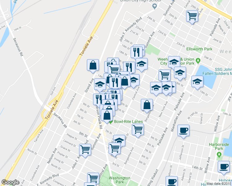 map of restaurants, bars, coffee shops, grocery stores, and more near 1311 Summit Avenue in Union City