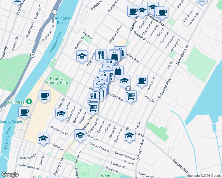 map of restaurants, bars, coffee shops, grocery stores, and more near 339 Kearny Avenue in Kearny