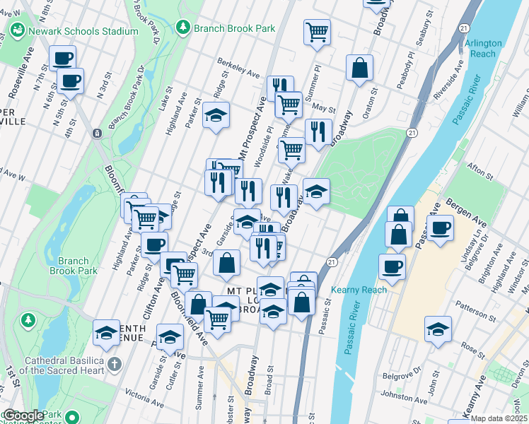map of restaurants, bars, coffee shops, grocery stores, and more near 22 Wakeman Avenue in Newark