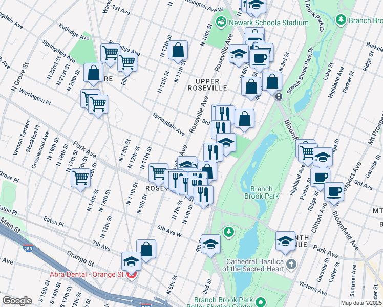 map of restaurants, bars, coffee shops, grocery stores, and more near 337-355 Roseville Avenue in Newark