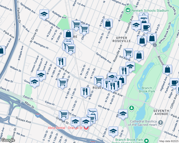 map of restaurants, bars, coffee shops, grocery stores, and more near 180 North 12th Street in Newark
