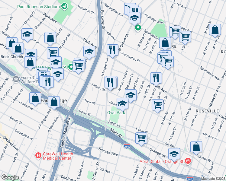 map of restaurants, bars, coffee shops, grocery stores, and more near 31 Vernon Terrace in East Orange
