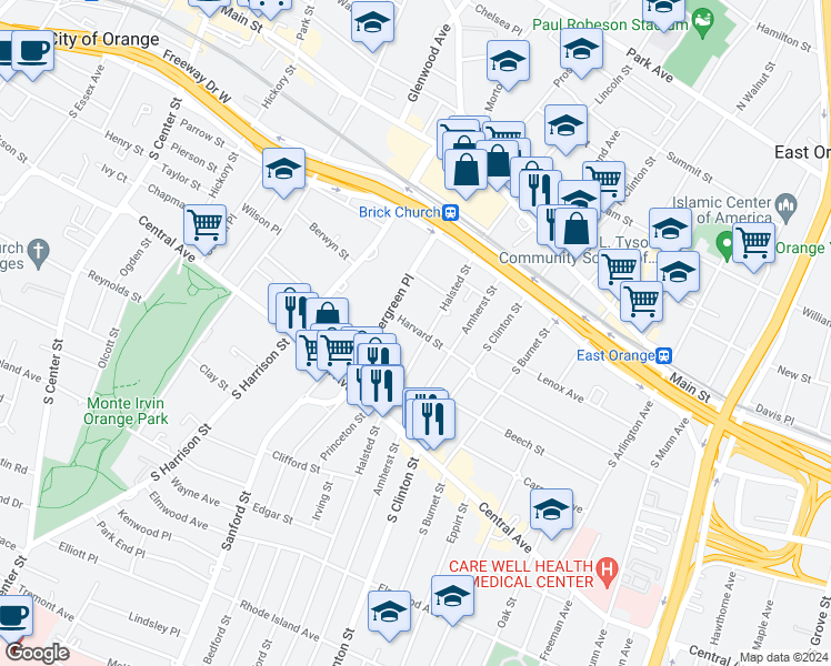 map of restaurants, bars, coffee shops, grocery stores, and more near 115 Halsted Street in East Orange