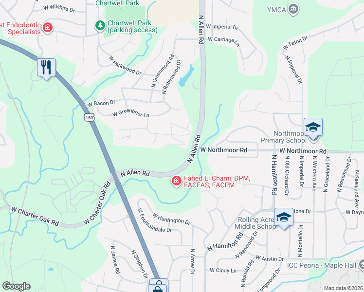 map of restaurants, bars, coffee shops, grocery stores, and more near North Mandalay Drive in Peoria