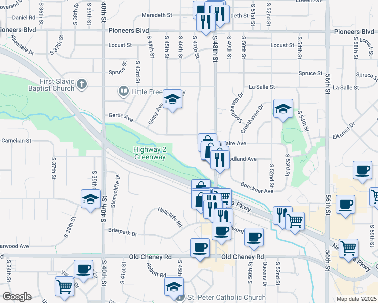 map of restaurants, bars, coffee shops, grocery stores, and more near 4631 Claire Avenue in Lincoln