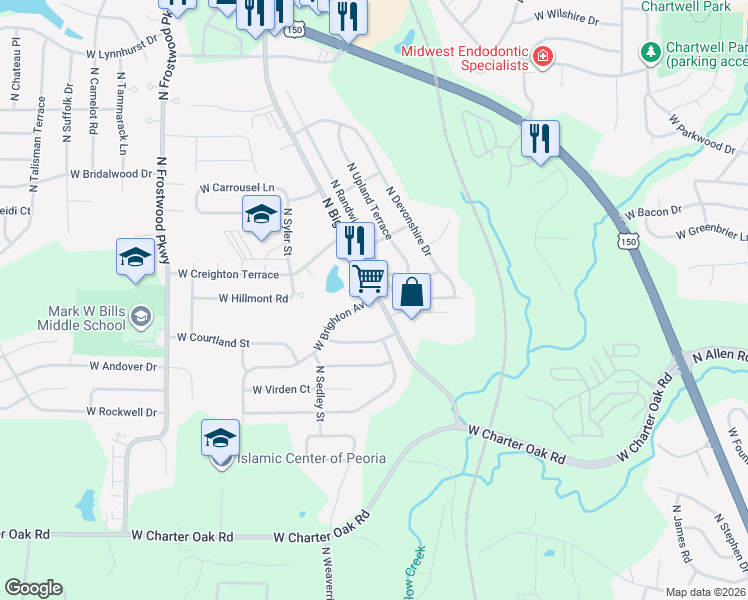 map of restaurants, bars, coffee shops, grocery stores, and more near 6100 North Big Hollow Road in Peoria