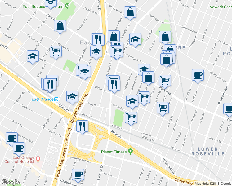 map of restaurants, bars, coffee shops, grocery stores, and more near 186 William Street in East Orange