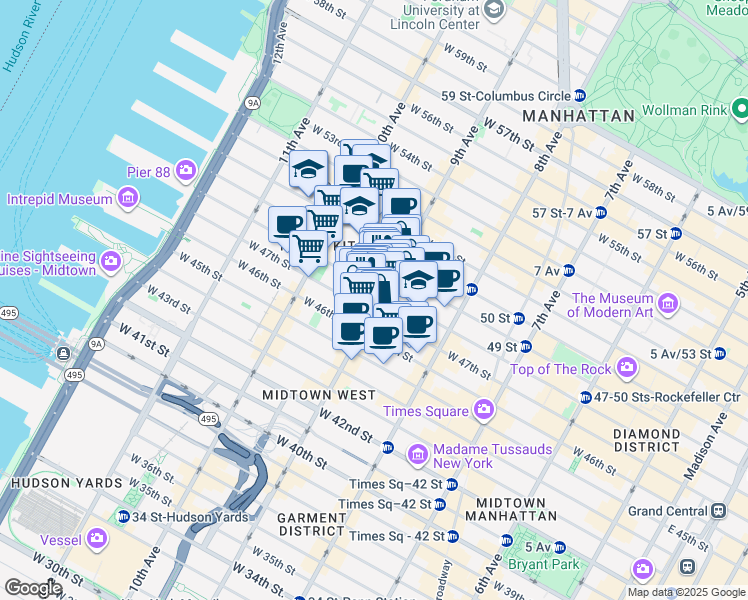 map of restaurants, bars, coffee shops, grocery stores, and more near 401-499 West 48th Street in New York