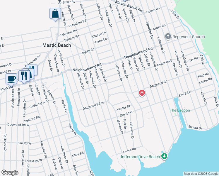 map of restaurants, bars, coffee shops, grocery stores, and more near 157 Monroe Drive in Mastic Beach