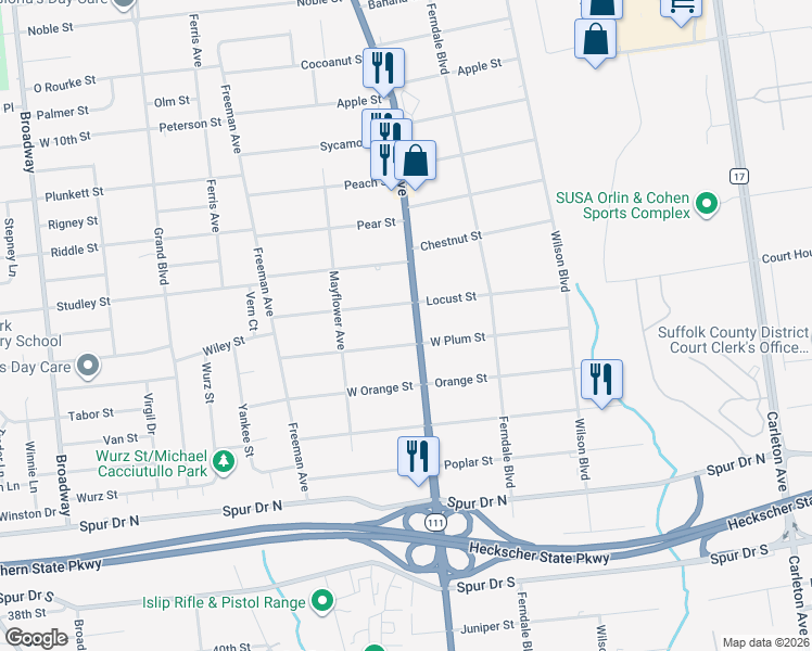 map of restaurants, bars, coffee shops, grocery stores, and more near 900 Islip Avenue in Brentwood