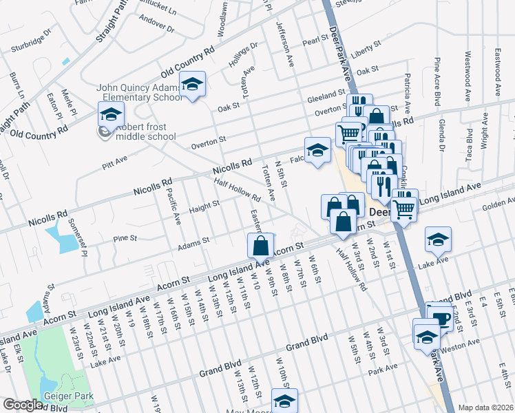 map of restaurants, bars, coffee shops, grocery stores, and more near 325 Half Hollow Road in Deer Park