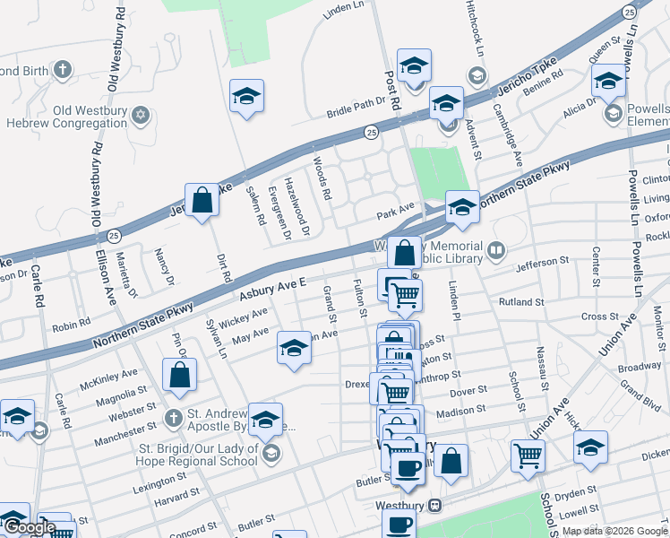 map of restaurants, bars, coffee shops, grocery stores, and more near 1375 Grand Street in Westbury