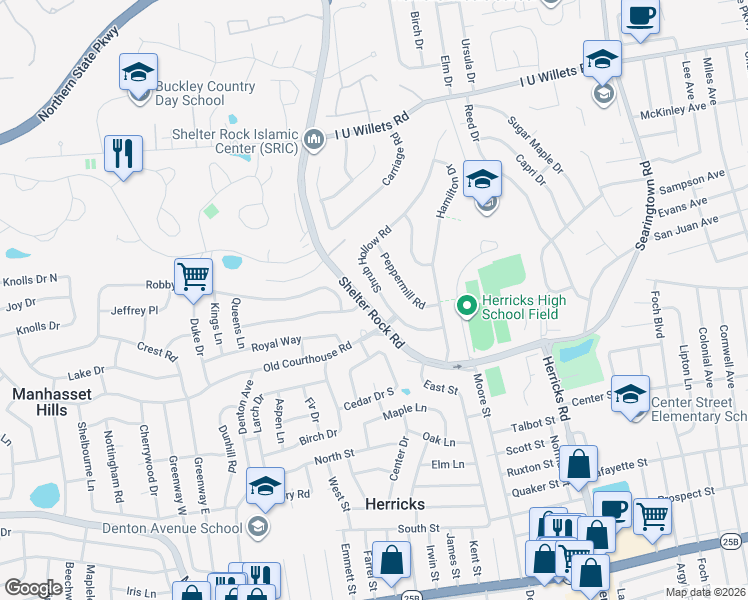 map of restaurants, bars, coffee shops, grocery stores, and more near 47 Shrub Hollow Road in Roslyn