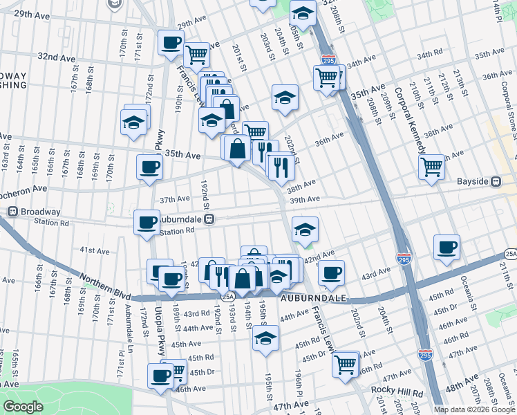 map of restaurants, bars, coffee shops, grocery stores, and more near 195-21 39th Avenue in Queens