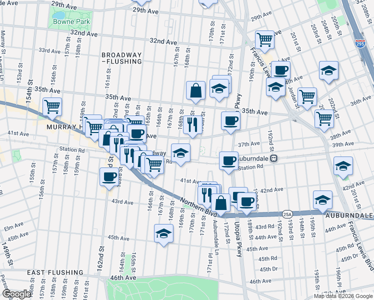 map of restaurants, bars, coffee shops, grocery stores, and more near 36-05 169th Street in Queens