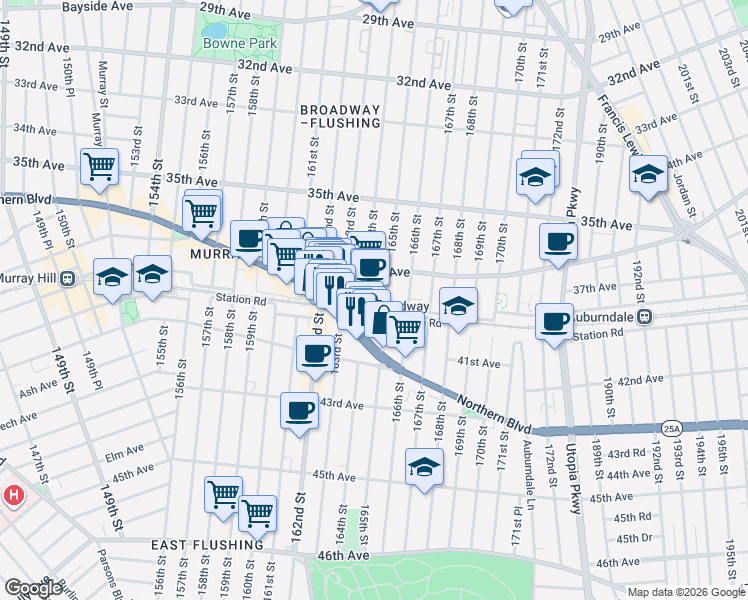 map of restaurants, bars, coffee shops, grocery stores, and more near in Queens