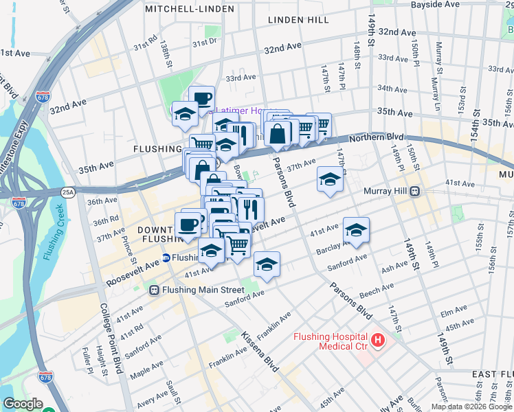 map of restaurants, bars, coffee shops, grocery stores, and more near 143-25 38th Avenue in Queens