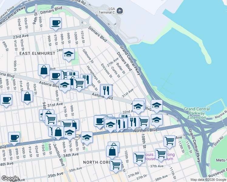 map of restaurants, bars, coffee shops, grocery stores, and more near 29-14 Ericsson Street in Queens