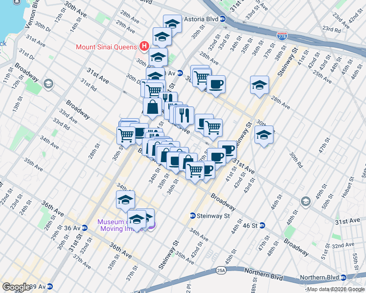 map of restaurants, bars, coffee shops, grocery stores, and more near 31-23 34th Street in Queens