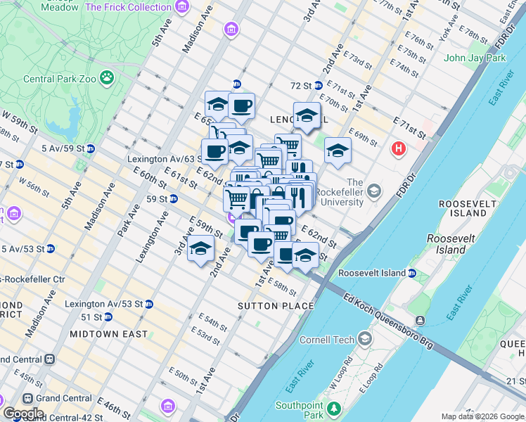 map of restaurants, bars, coffee shops, grocery stores, and more near 316 East 63rd Street in New York