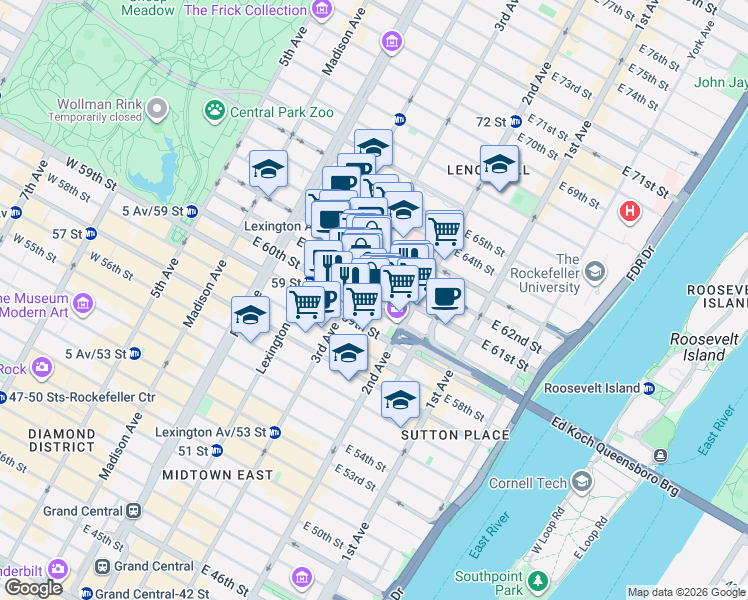 map of restaurants, bars, coffee shops, grocery stores, and more near 210A East 61st Street in New York