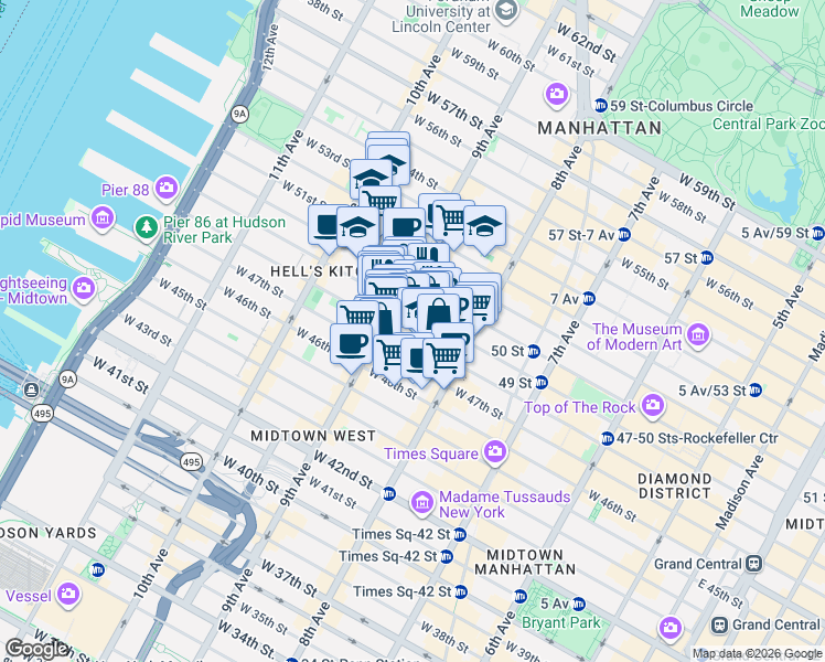 map of restaurants, bars, coffee shops, grocery stores, and more near 355 West 49th Street in New York