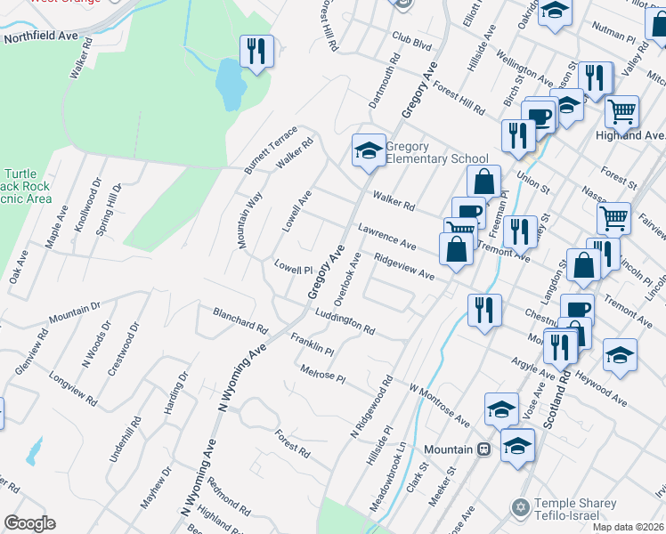 map of restaurants, bars, coffee shops, grocery stores, and more near 345 Gregory Avenue in West Orange