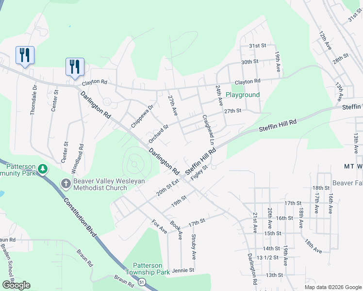 map of restaurants, bars, coffee shops, grocery stores, and more near 2609 Dechellis Street in Beaver Falls