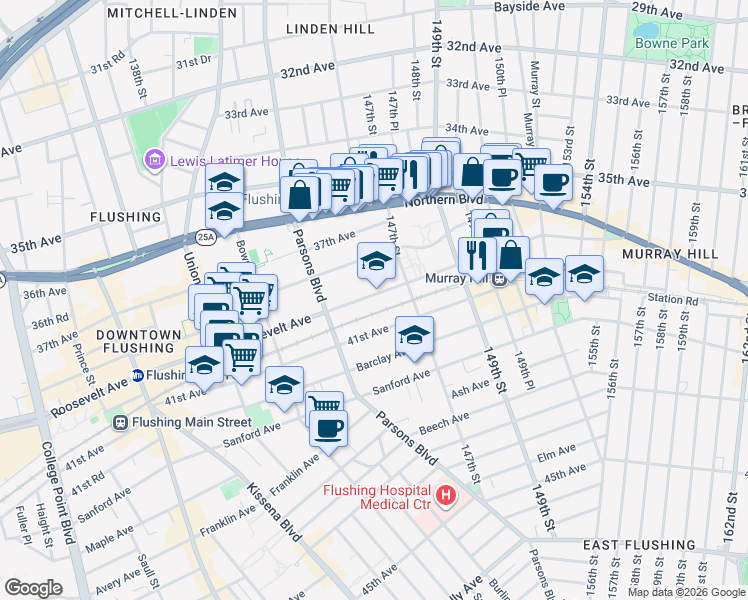 map of restaurants, bars, coffee shops, grocery stores, and more near 144-77 Roosevelt Avenue in Queens